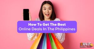 A happy girl holding a mobile phone and shopping bags behind the how to get the best online deals in the Philippines.