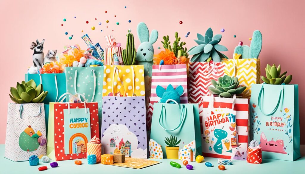 Birthday gift bags with various contents