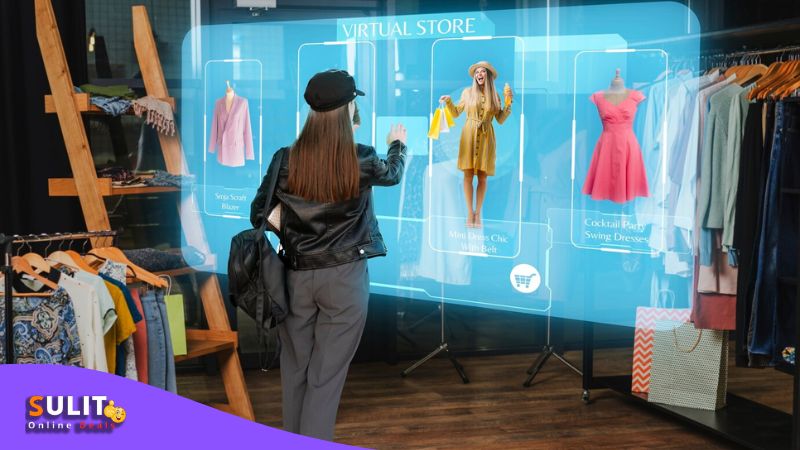 A photo of a woman using virtual reality shopping.
